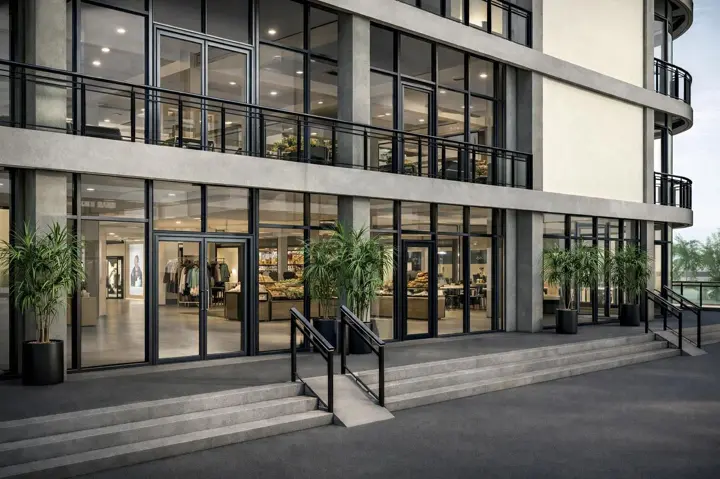 Primer nivel · área comercial, fachada principal