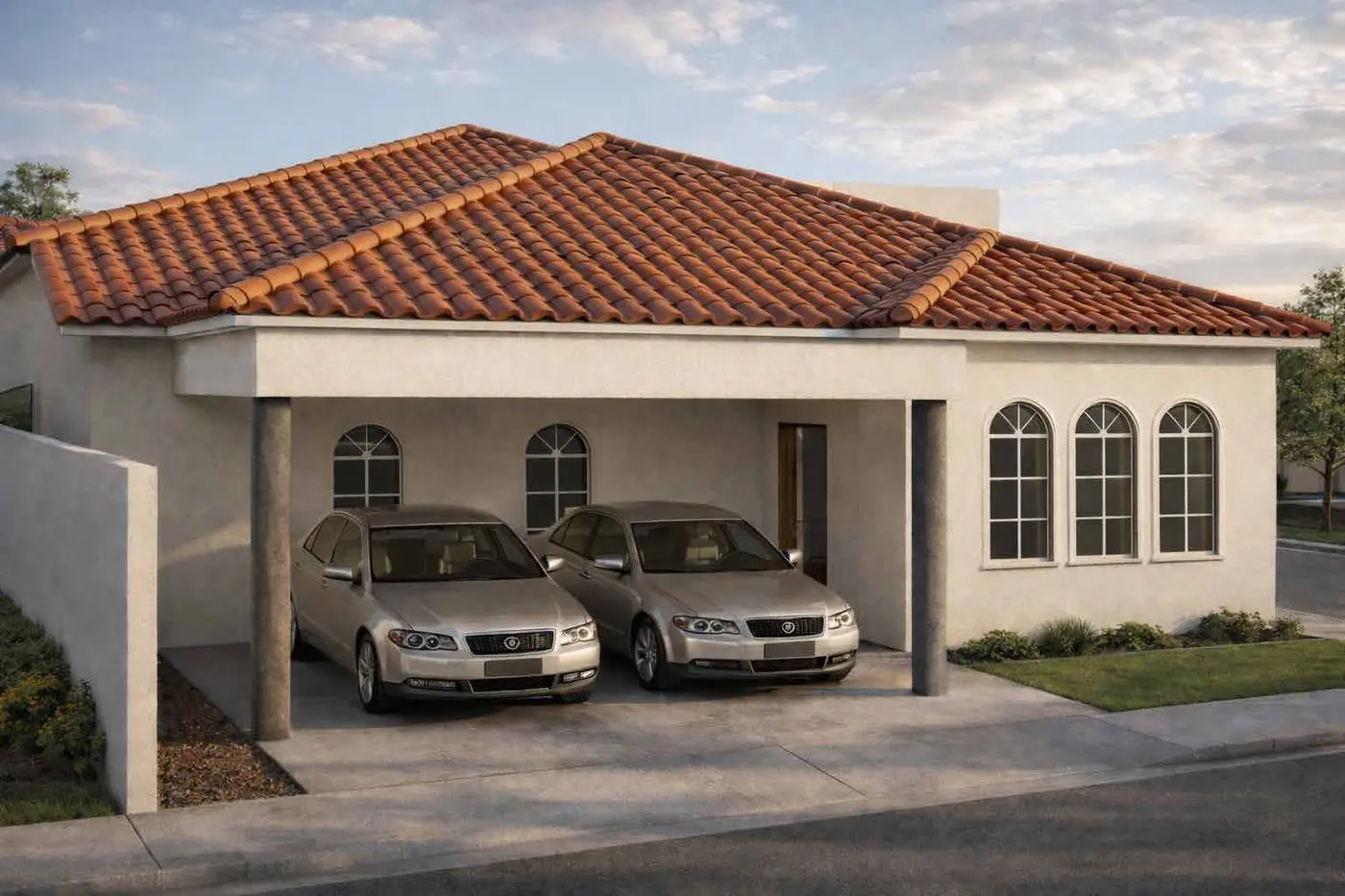 Render de vivienda de un nivel con techo de teja y cochera doble